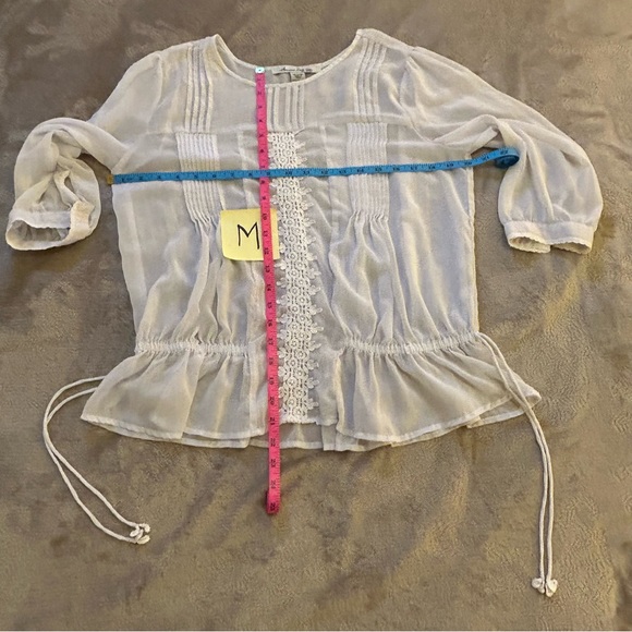 American Rag sheer white gathered lacey blouse ties Size M - Picture 7 of 7